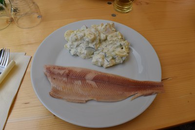Tag der Fische 2026, Geräucherte Forelle mit Kartoffelsalat © Slow Food Deutschland Tellergericht mit Forellenfilet und Kartoffelsalat