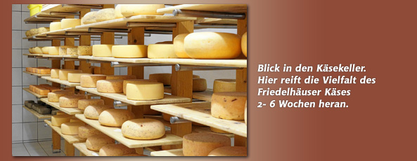 Blick in den Käsekeller. 2-6 Wochen Reifezeit stehen den Käselaiben bevor.