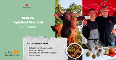 Apfelfest auf Hof Crone  -  Arche-Symbiose: Rotes Höhenvieh trifft Plettenberger Herren Birne
