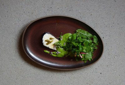 Ziegenkäse mit Asche, Fichtenhonig und Wildkräutern Ziegenkäse mit Asche, Fichtenhonig und Wildkräutern