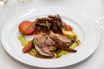 Angerichteter Teller mit Fleisch, Gemüse und Kräutersauce Angerichteter Teller mit geschnittenem Fleisch, Karotte, Zucchini, Tomate und grüner Sauce
