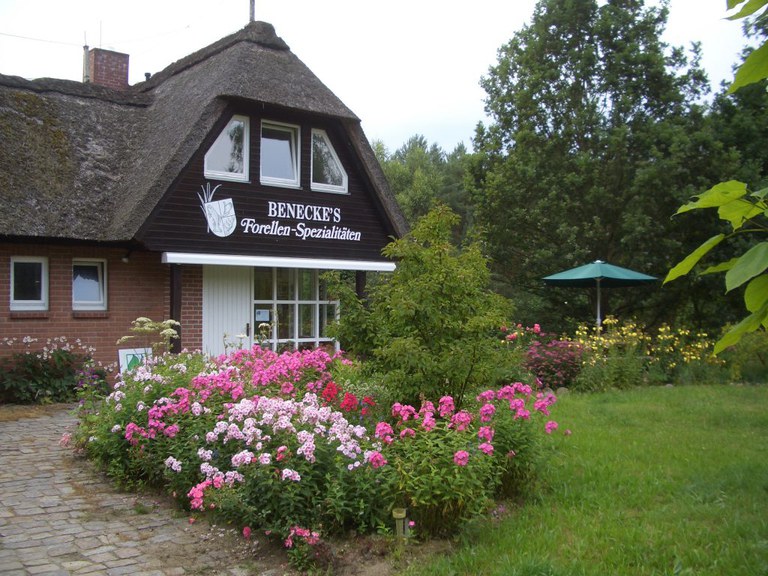Reetdachhaus mit Schild 'Benecke's Forellen-Spezialitäten', davor blühende Blumenbeete