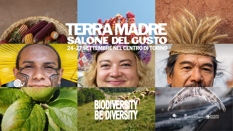 Terra Madre Turin 2026 Terra Madre Salone del Gusto, 24.–27. September in Turin – Bildcollage mit Menschen verschiedener Kulturen, Biodiversität, Getreide und Landwirtschaft